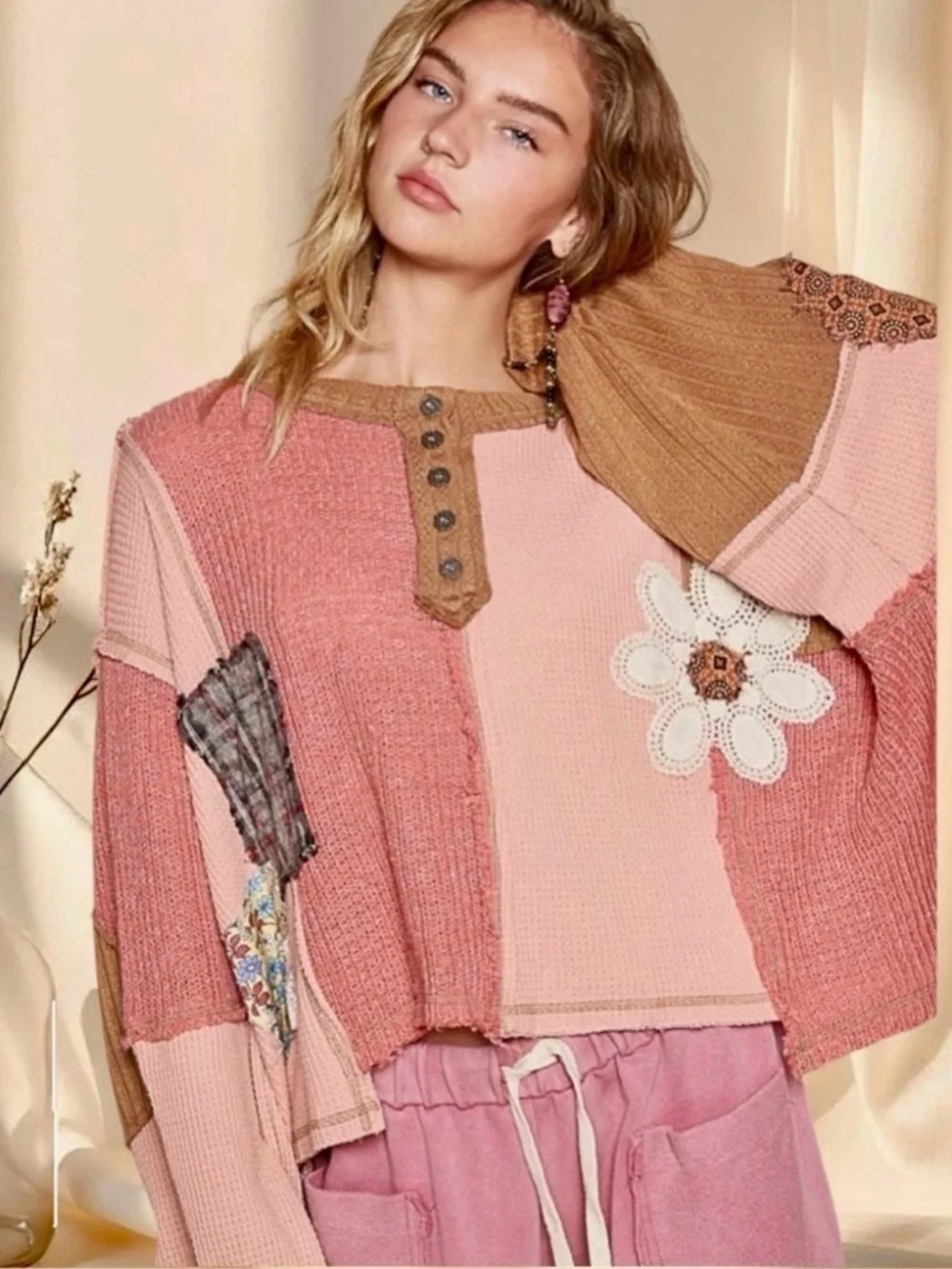 POL Patchwork Knit Pullover Oversized Boho Slouch Sweater